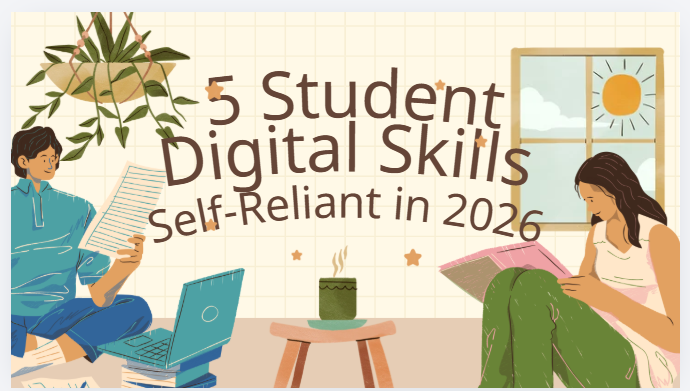 A graphic showing 5 student digital skills for success, featuring students using laptops for digital learning and financial independence."