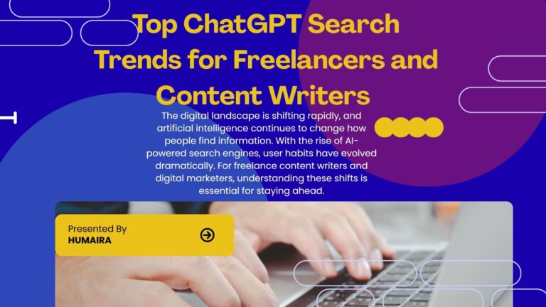 A content writer analyzing ChatGPT search trends and AI data on a modern laptop