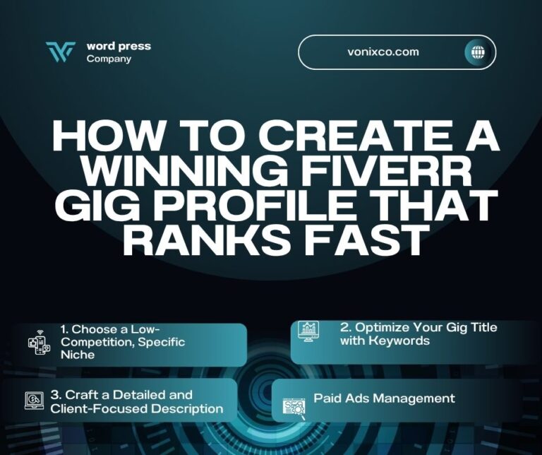 A beginner freelancer optimizing a Fiverr gig profile on a laptop to get more orders.