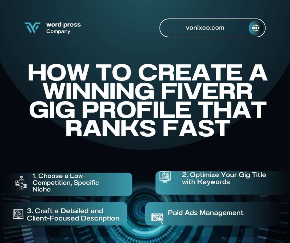 A beginner freelancer optimizing a Fiverr gig profile on a laptop to get more orders.