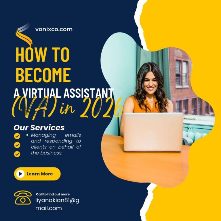 A beginner virtual assistant working on a laptop and organizing tasks to start a remote career.
