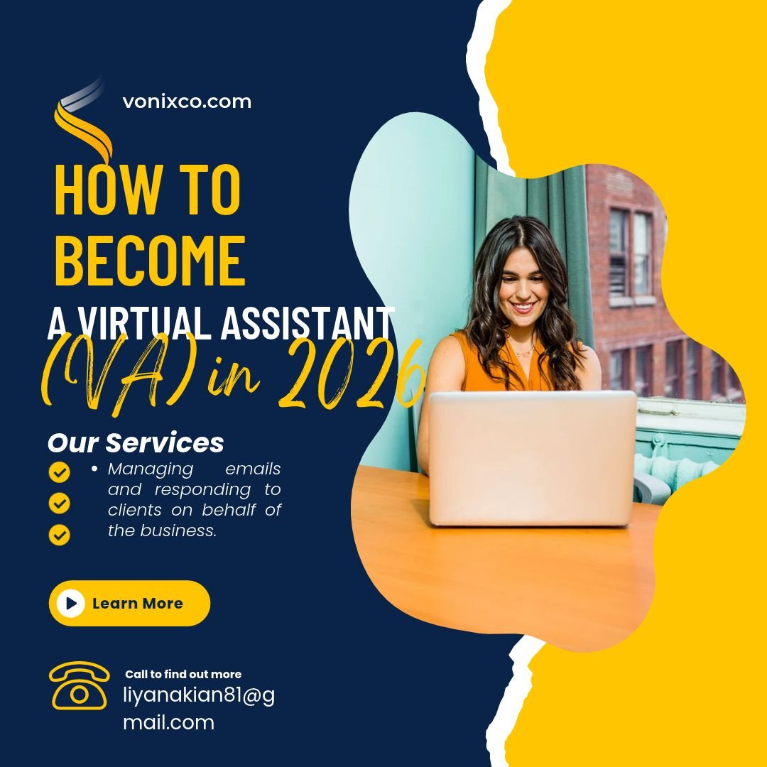 A beginner virtual assistant working on a laptop and organizing tasks to start a remote career.