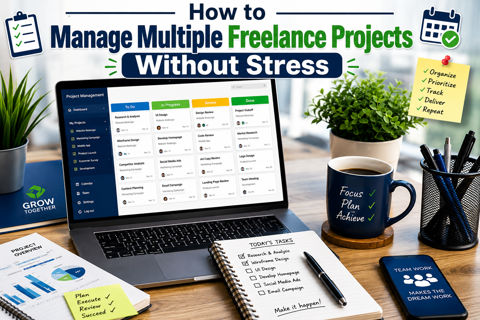 A freelancer managing multiple projects smoothly using digital boards on a laptop.