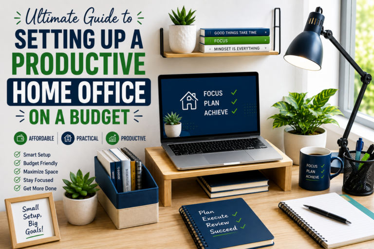 A clean and productive home office desk setup on a budget featuring a laptop and warm lighting.