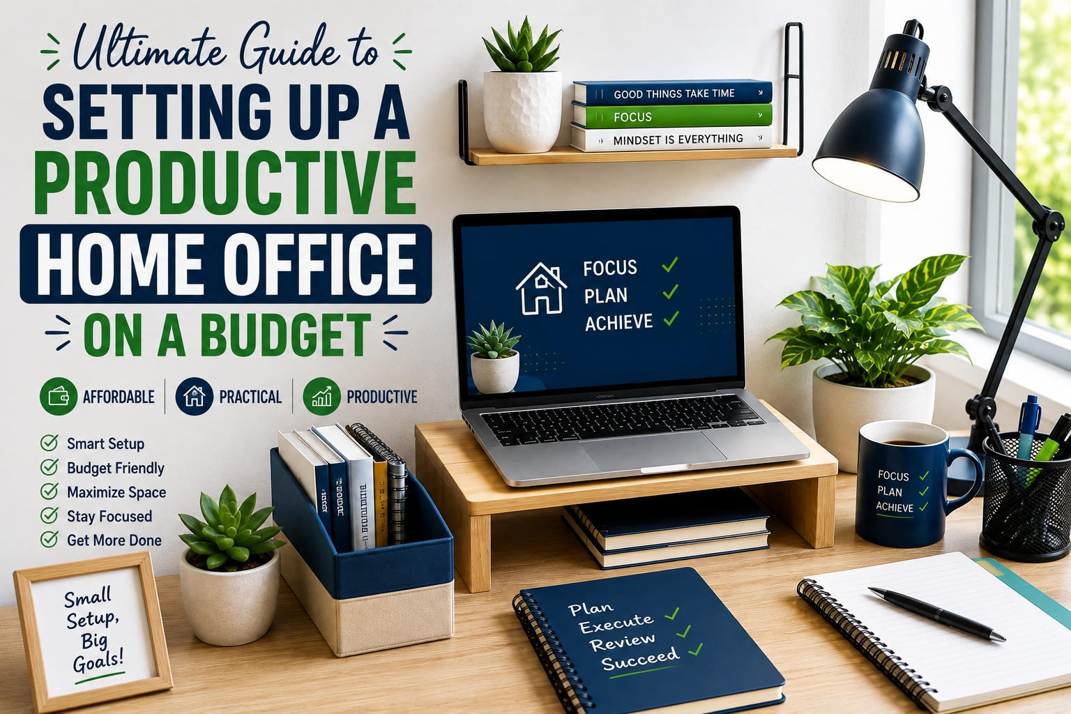 A clean and productive home office desk setup on a budget featuring a laptop and warm lighting.