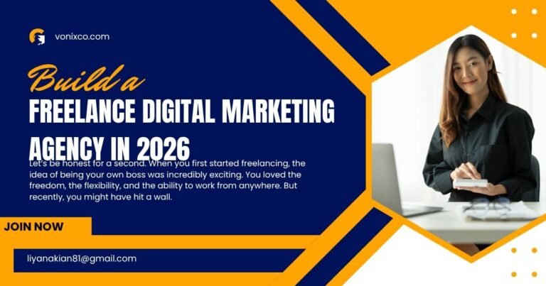 Step-by-step guide on how to build a freelance digital marketing agency from scratch in 2026 with a laptop and team planning.