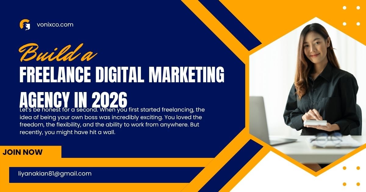Step-by-step guide on how to build a freelance digital marketing agency from scratch in 2026 with a laptop and team planning.