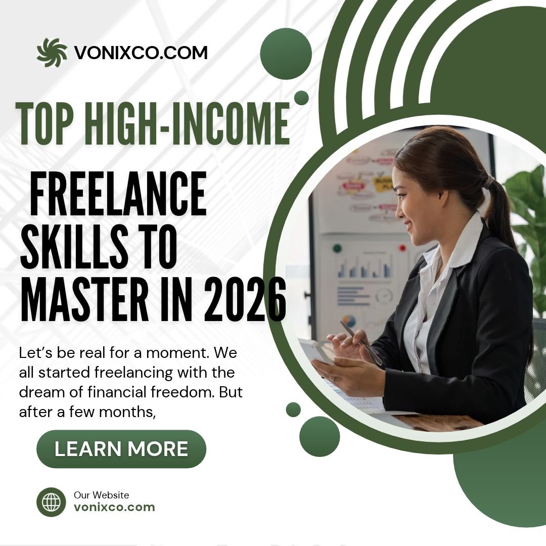 infographic showing top high-income freelance skills in 2026 including AI prompting, UX design, and data analytics.