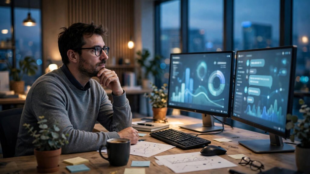 SEO strategist reviewing how guest posts earn citations in AI search results on a computer screen in a modern agency office