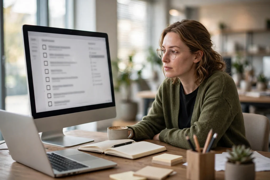SEO specialist reviewing a website quality checklist on a monitor in a modern marketing office