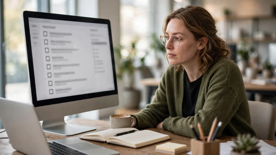 SEO specialist reviewing a website quality checklist on a monitor in a modern marketing office